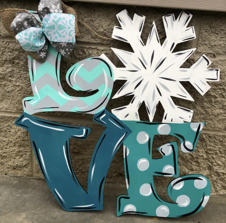 Painted LOVE Snow Snowflake Winter Door Hanger