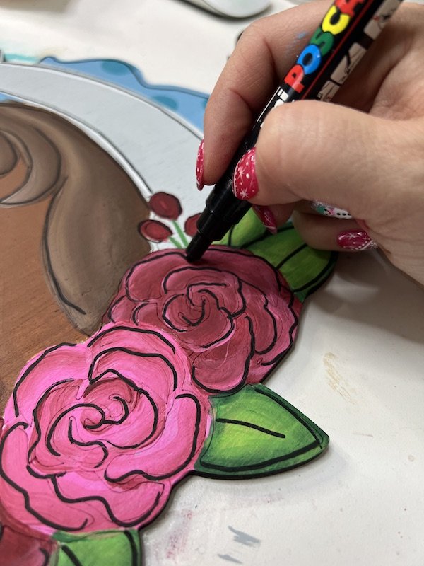 Posca Paint Pen on Roses for Kentucky Door Hanger