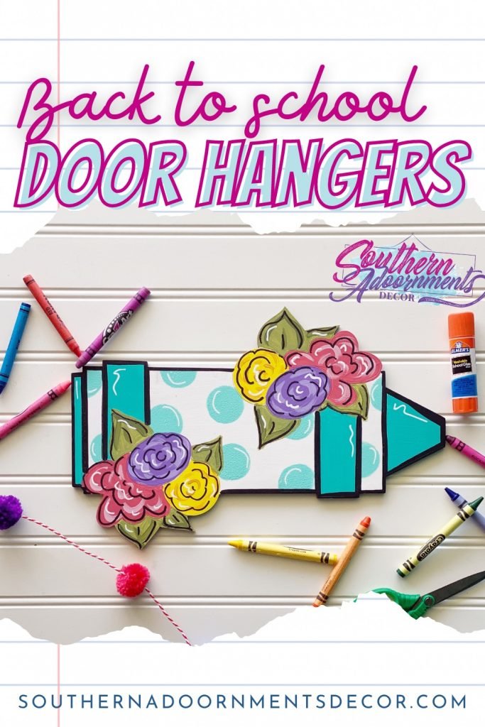 pinterest image for back to school door hangers featuring a blue polka dot crayon