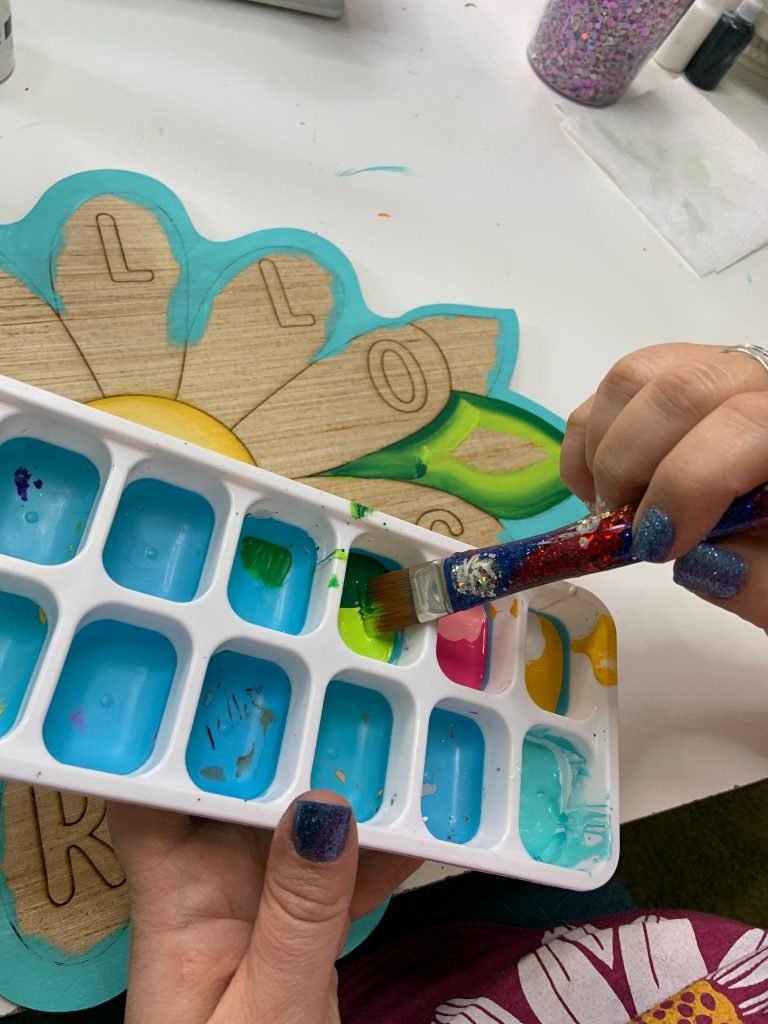Painting Hello Spring Wood Blank with Ice Cube Tray