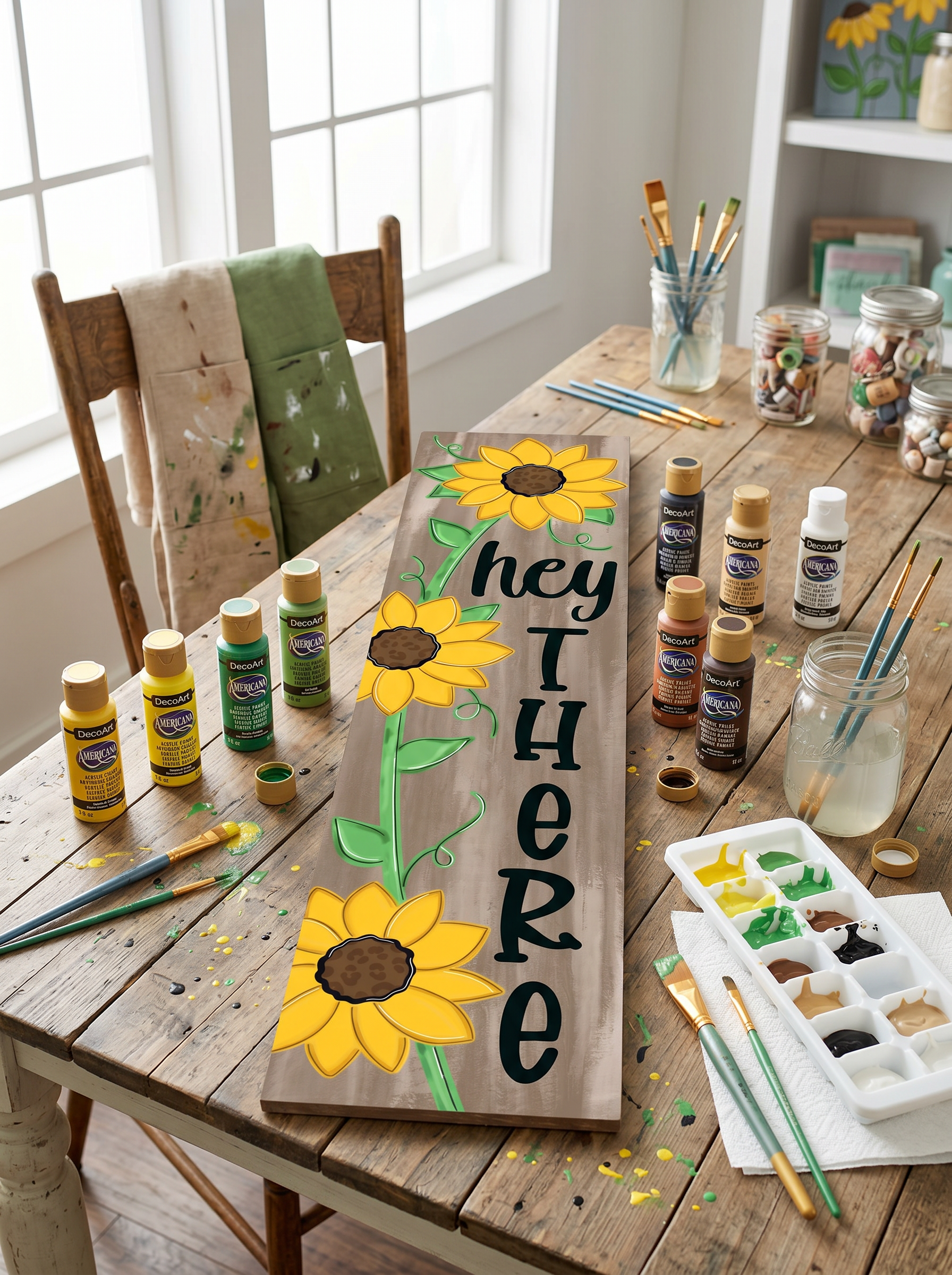 Bee Happy Door Hanger Design Sitting on Crafting table being painted